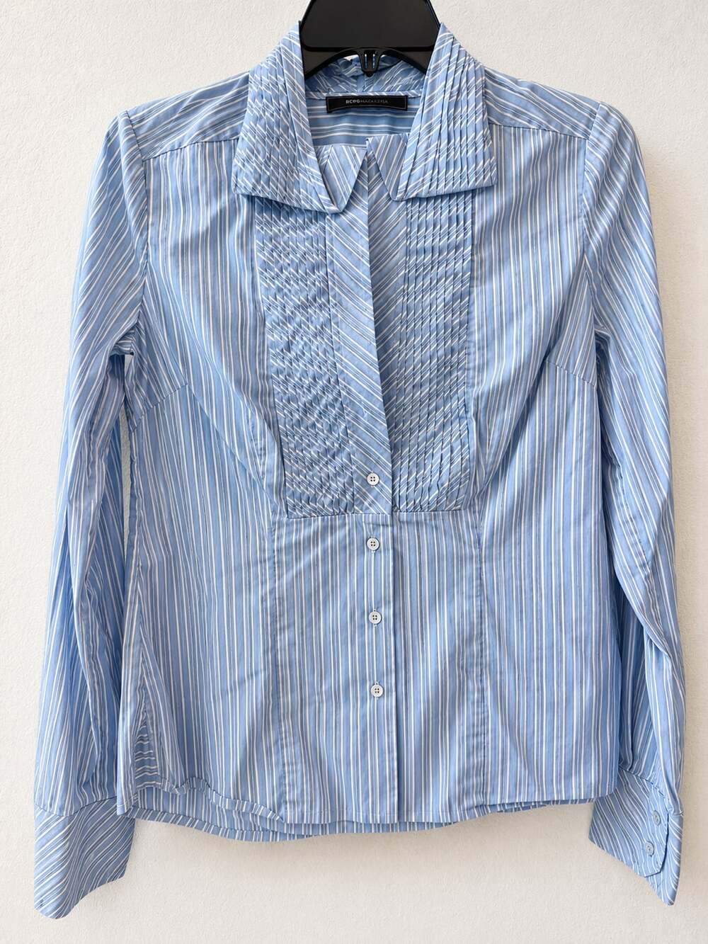 BCBGMAXAZRIA Striped Long Sleeve Button-Down Blouse with Pleated Ruffle Front